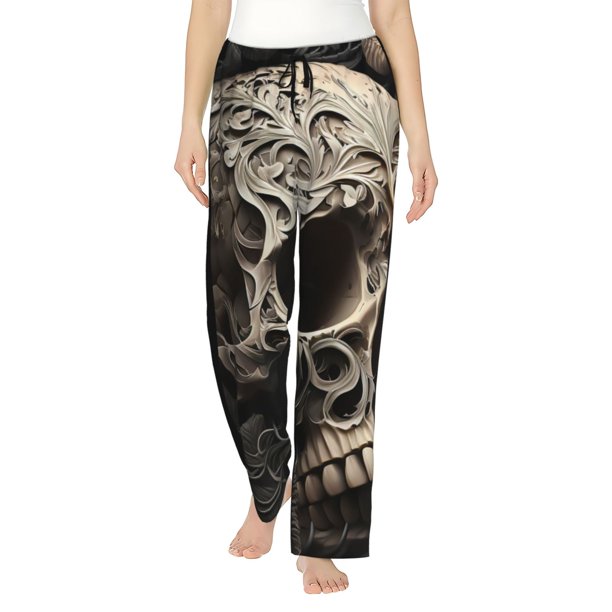 Balery Vintage Pattern Flower Skull Pantalones de pijama para mujer, pijamas ultraligeros, pantalones de estar por casa-X-Large