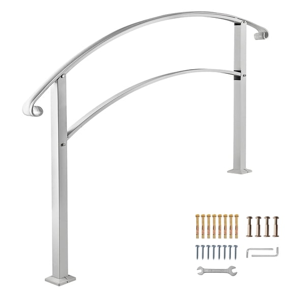 KFFKFF Outdoor Stair Handrails, Suitable for 1 or 3 Steps, White Iron-Made Railing, Adaptable Front Porch Rail, Transitional Handrails for Concrete or Wooden Steps