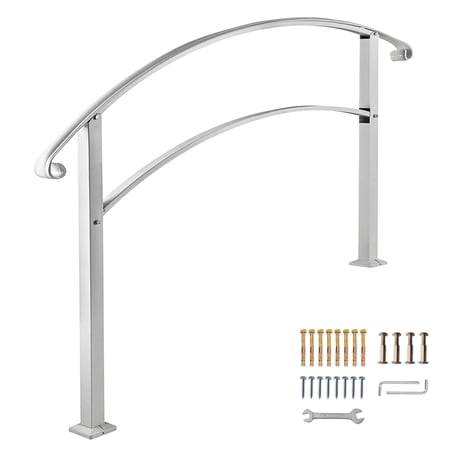 KFFKFF Outdoor Stair Handrails, Suitable for 1 or 3 Steps, White Iron-Made Railing, Adaptable Front Porch Rail, Transitional Handrails for Concrete or Wooden Steps