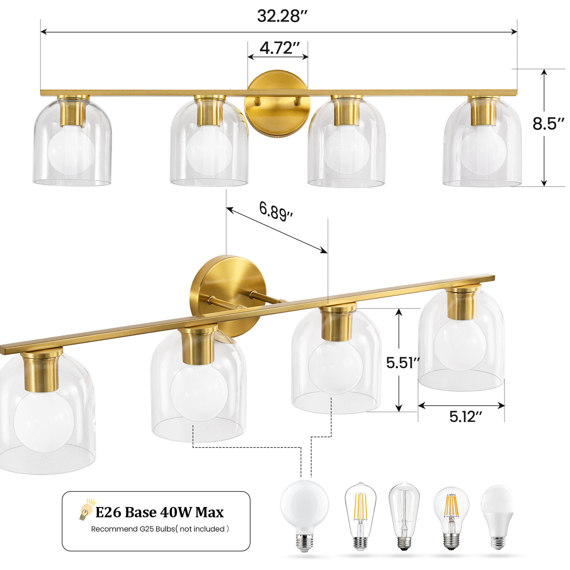 Modern Bathroom Light Fixtures, 4 Light Vanity Lights Over Mirror, Gold Wall Lamp with Clear Glass Shade for Living Room Cabinet Bedroom Porch