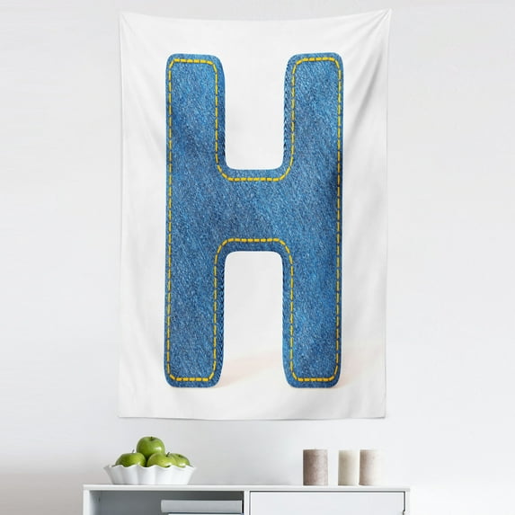 Letter H Tapestry, Denim Letter Design Uppercase H Pattern Jeans Texture Retro Typography, Fabric Wall Hanging Decor for Bedroom Living Room Dorm, 5 Sizes, Blue Marigold, by Ambesonne