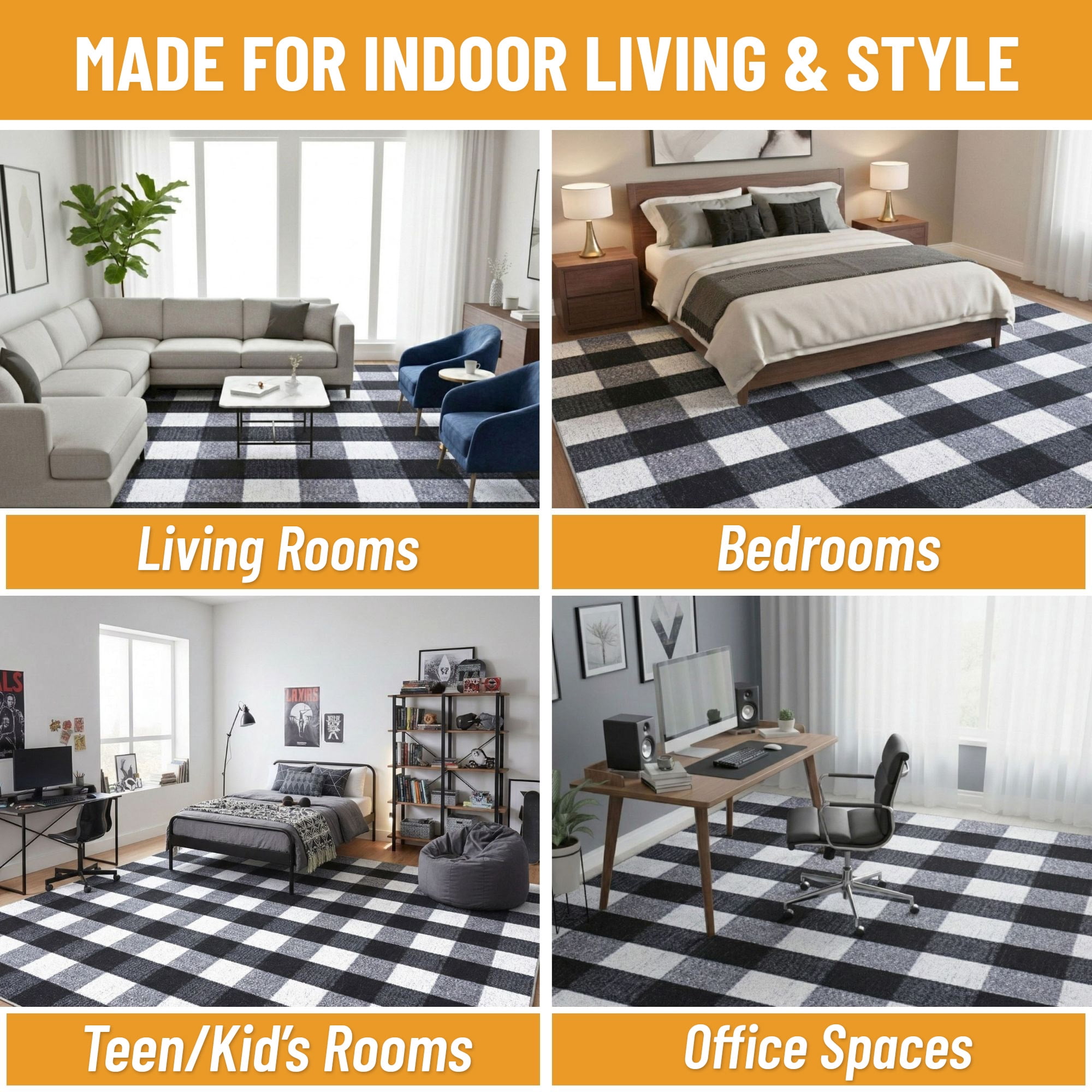 Ottomanson Living Room Area Rug 7'10" x 9' – Non-Slip Low Pile Carpet for Bedroom & Office, Buffalo Plaid Black/White