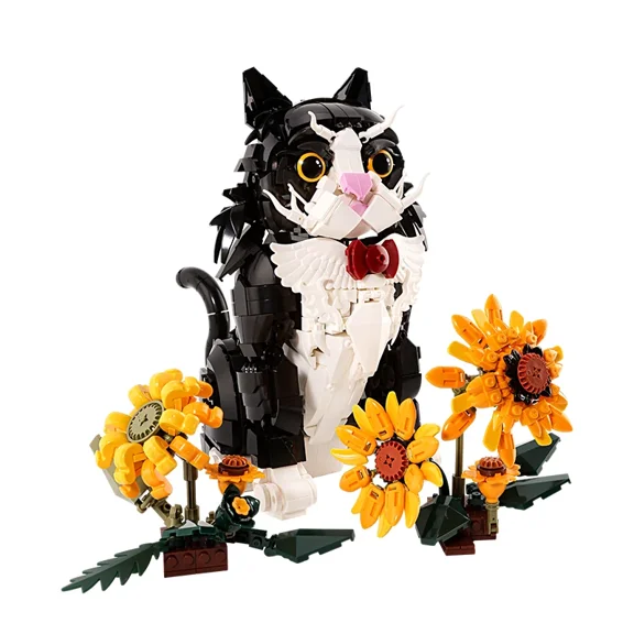 Honchoes Tuxedo Cat Sunflower Building Blocks Set Compatible with Lego Flowers Animal Decor Gift for Adults Boys Girls