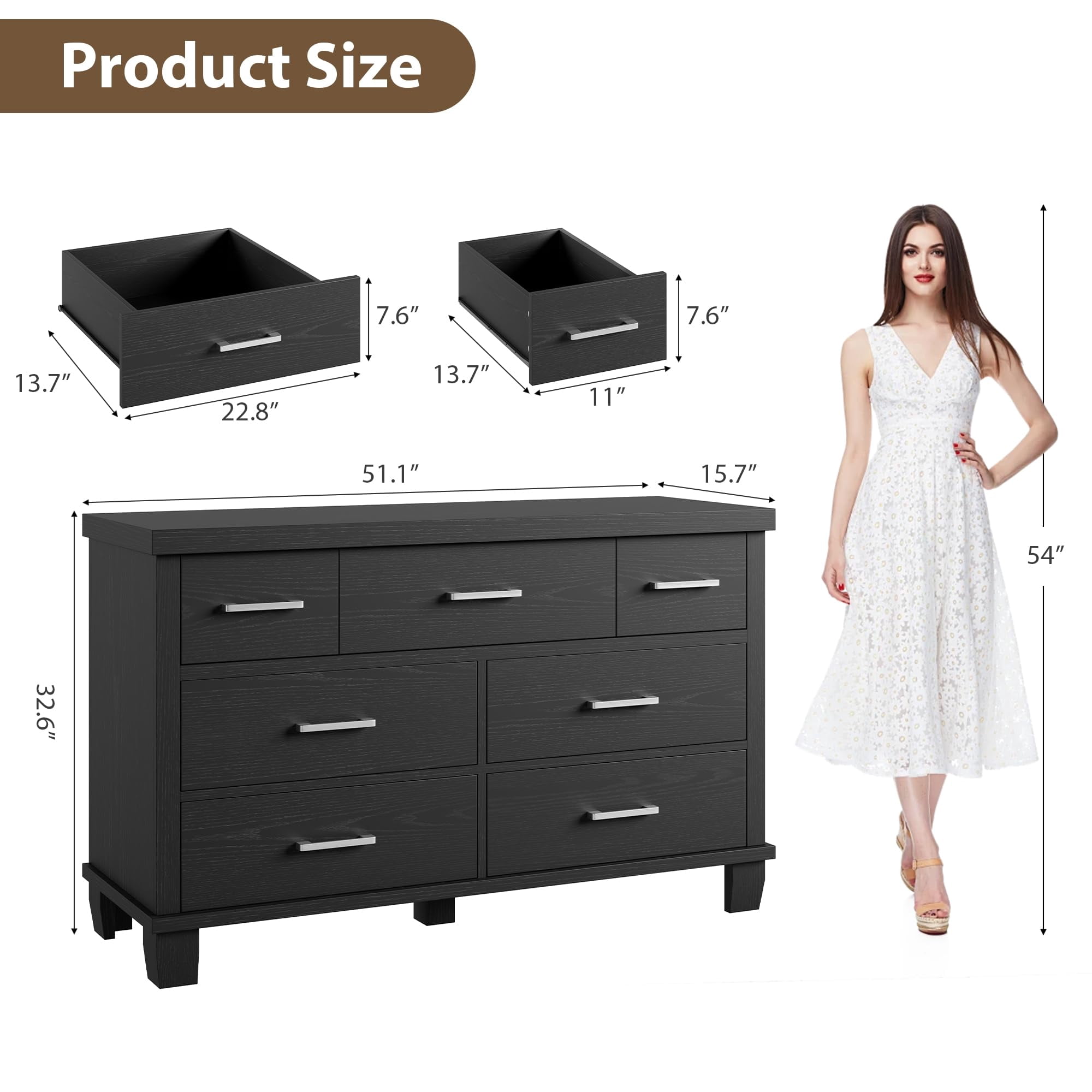 Kicctian 7 Drawer Dresser for Bedroom, 51" Wide Modern Wood Chest of Drawers, Wooden Closet Organizer with Metal Handles, Bedroom Living Room,Black