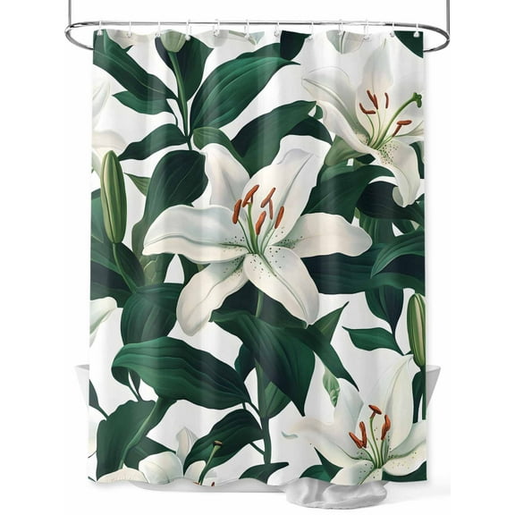 Fsddascl Lily Flower Shower Curtain Set - Small 36" x 72" Washable Bathtub Curtain with 12 Hooks, White Floral Summer Plant Green Leaf Waterproof Fabric Stall Shower Curtains for Bathroom/Bathtub