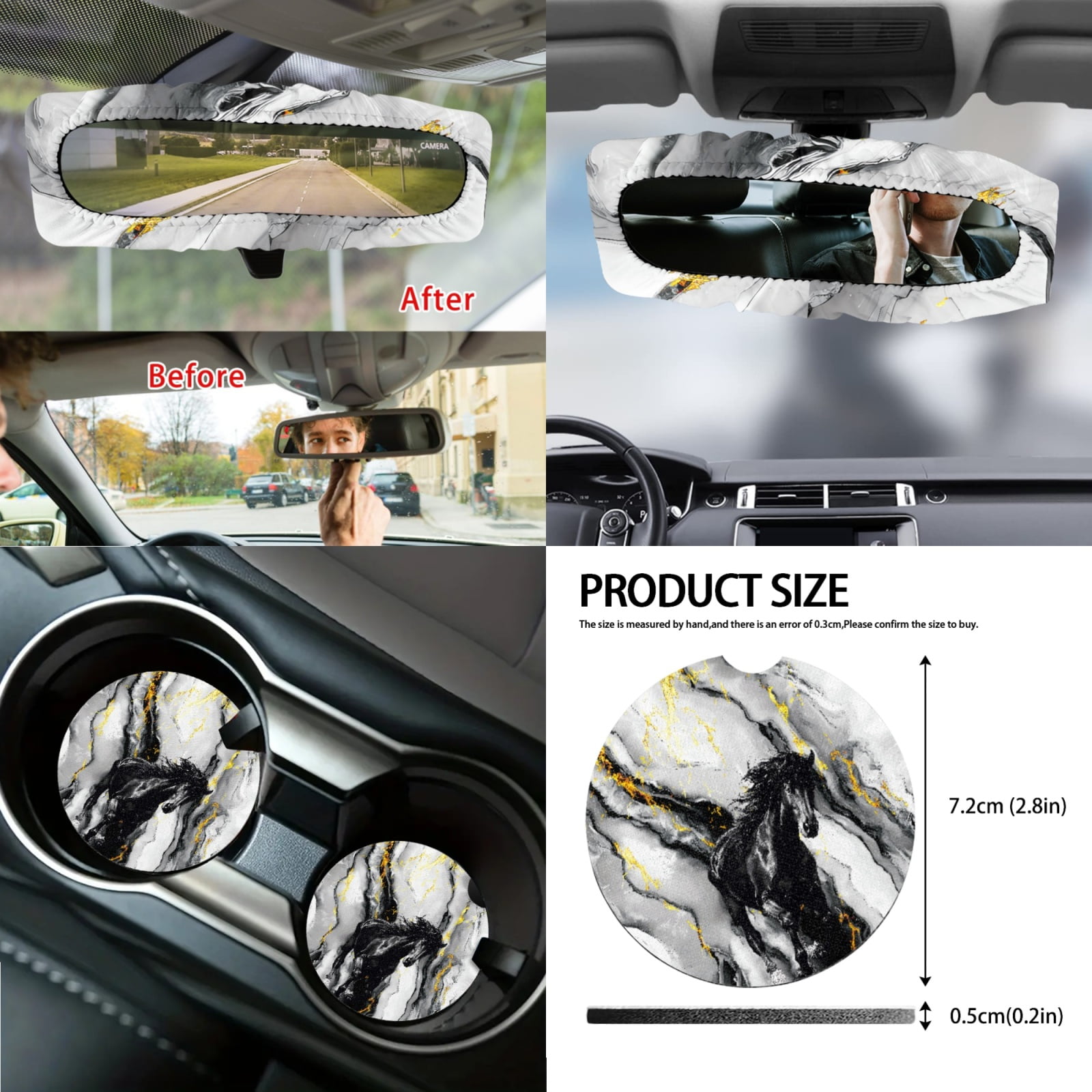 Renewold Black Horse Marble Car Seat Covers Front Rear Full Set Steering Wheel Seat Belt Pads Coasters Waste Bin Armrest Pad Cup Holders Rearview Mirror Handbrake Cover Set, 14 Pack