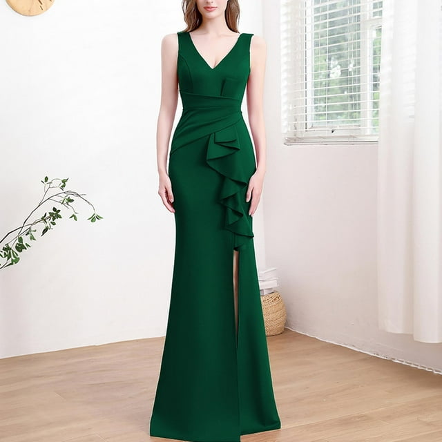 UPPADA Wedding Guest Dresses for Women One Shoulder Ruched Formal Evening Dress Wrap Ruffle Hem Dress Halter Bodycon Maxi Dress High Waist Party Prom Gown Cocktail Dress Sale Items Clearance Today