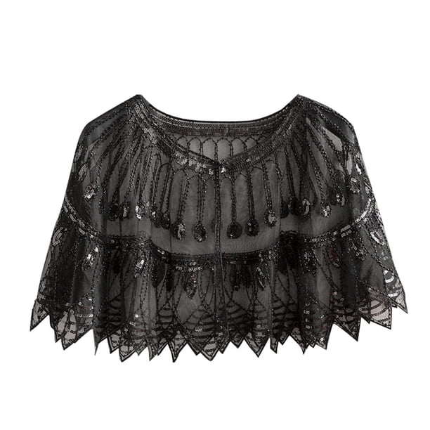 Chal retro de malla con lentejuelas y abalorios para mujer - Poliéster, talla única, 46 cm de largo - 90-190 lb