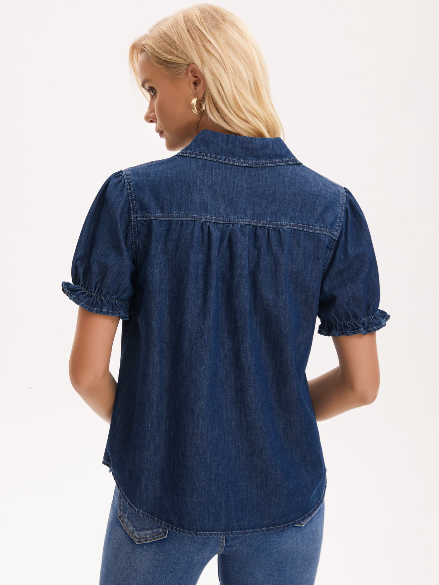 DARING DIVA Women's Denim Shirt Short Sleeve V Neck Button Front Jean Tops 2XL Dark Blue