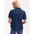 thumbnail image 4 of DARING DIVA Women's Denim Shirt Short Sleeve V Neck Button Front Jean Tops S Dark Blue, 4 of 7