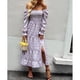 thumbnail image 4 of Vestido acampanado con estampado floral bohemio, manga larga, cuello cuadrado, dobladillo con volantes, cintura alta, vestido a media pierna Púrpura M, 4 of 8