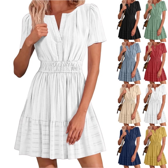 Smsaxvxz Summer Dresses for Women 2026 Fashion Sexy V-Neck Sleeveless Pleated Sundress with Pockets Casual Solid Loose Wedding Guest Dress White XL