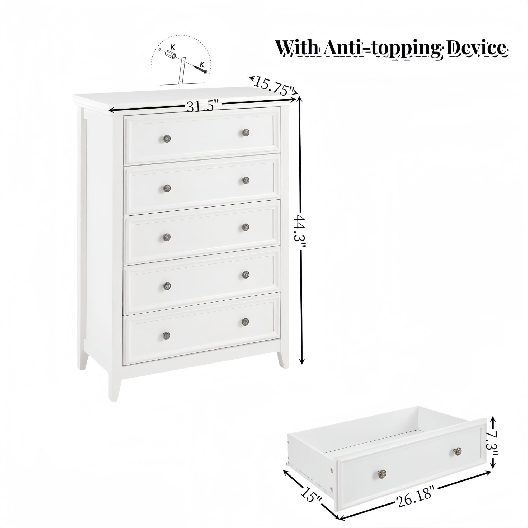 Leumius 5-Drawers Dresser,Farmhouse Tall Chest of Drawers Closet Organizers and Storage for Living Room,Bedroom,White