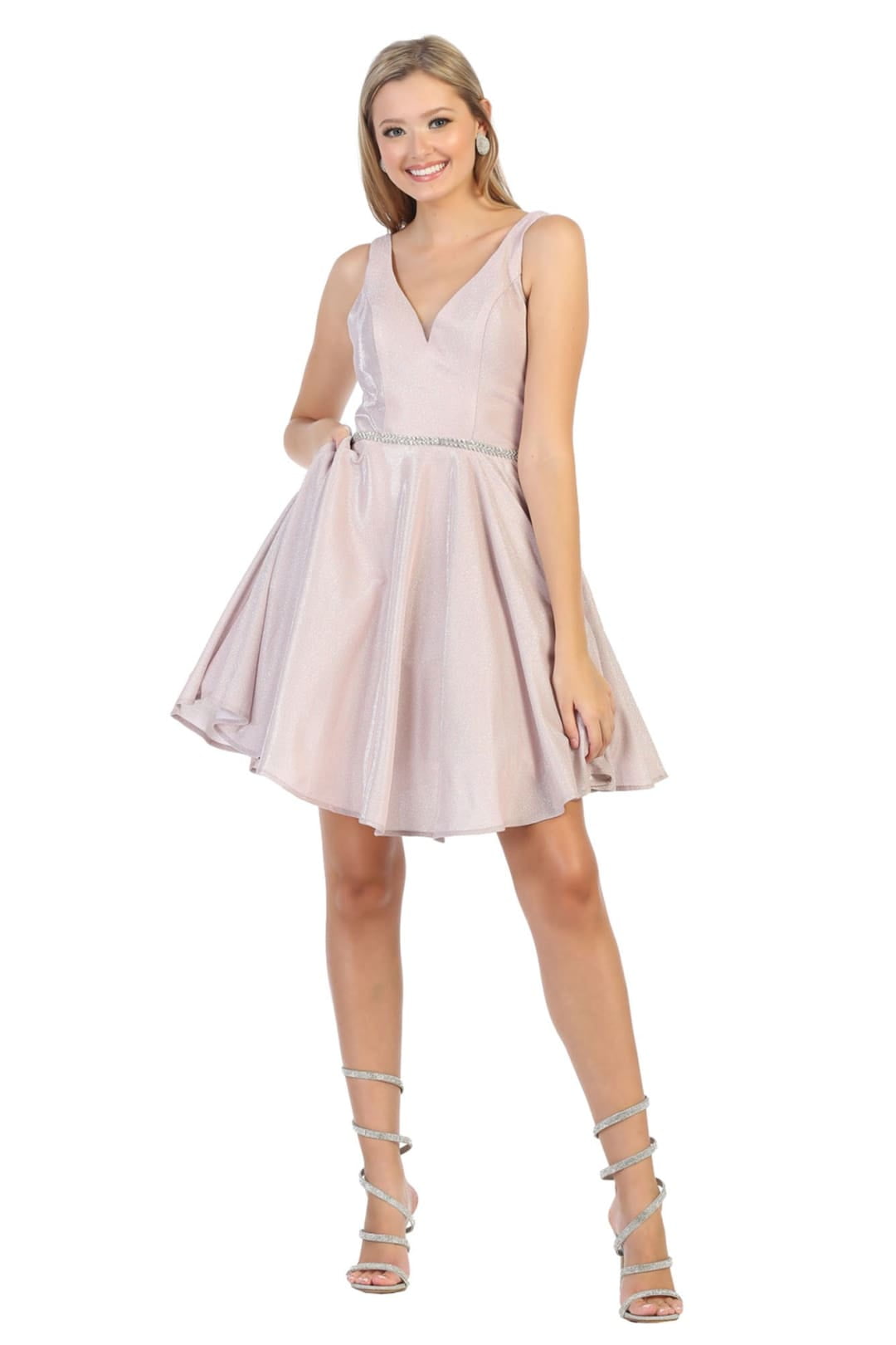 Lemai Gray Short A-Line Dress – Deep V-Neck With Straps, Knee-Length Prom & Cocktail Dress, US Size 2