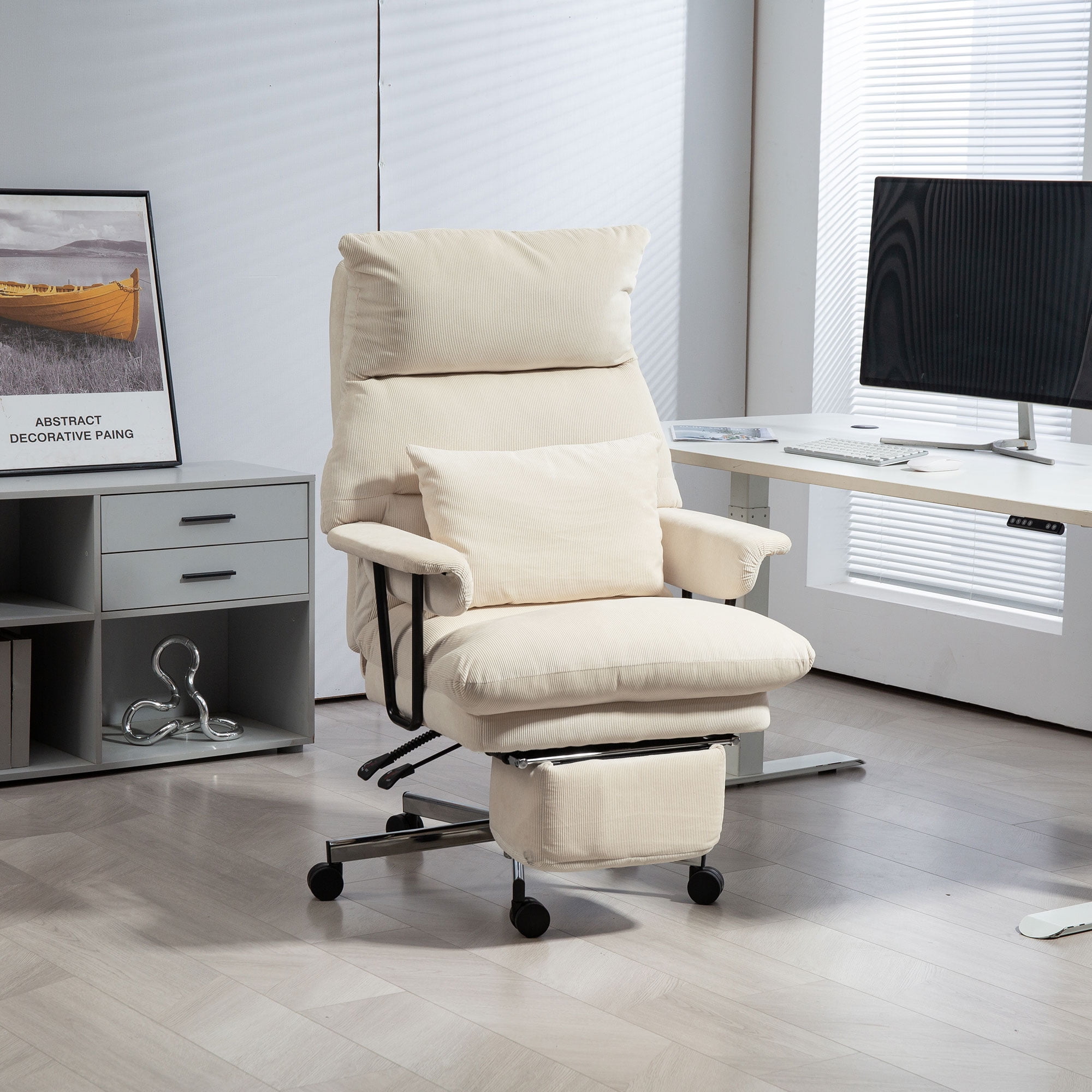 HOMCOM Large Office Chair, Reclining Desk Chair with Lumbar Support, Cream