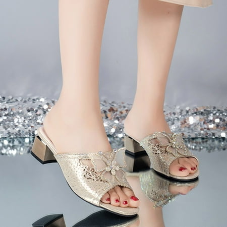 

PhoneSoap Fashion Summer Women s Sandals Heel Middle Heel Hollow Breathable Rhinestone Bow Open Toe Gold