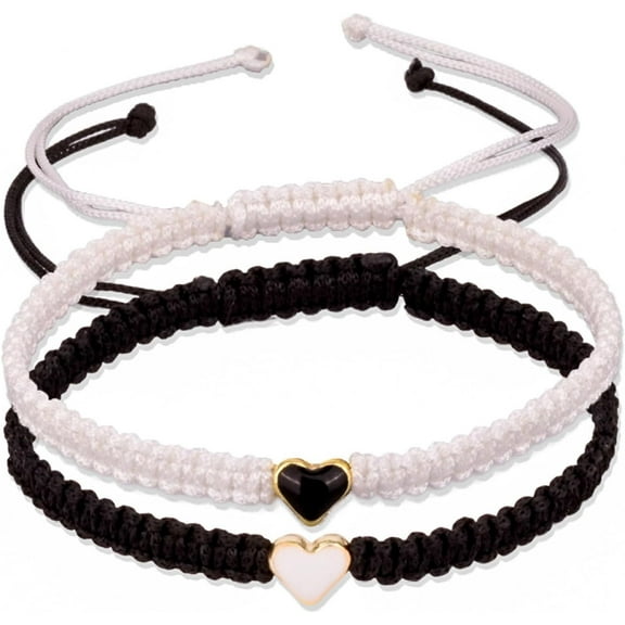 Mother & Daughter Matching Heart Bracelet Set, Adjustable Rope Style, Handmade Gift for Women & Girls Black&White
