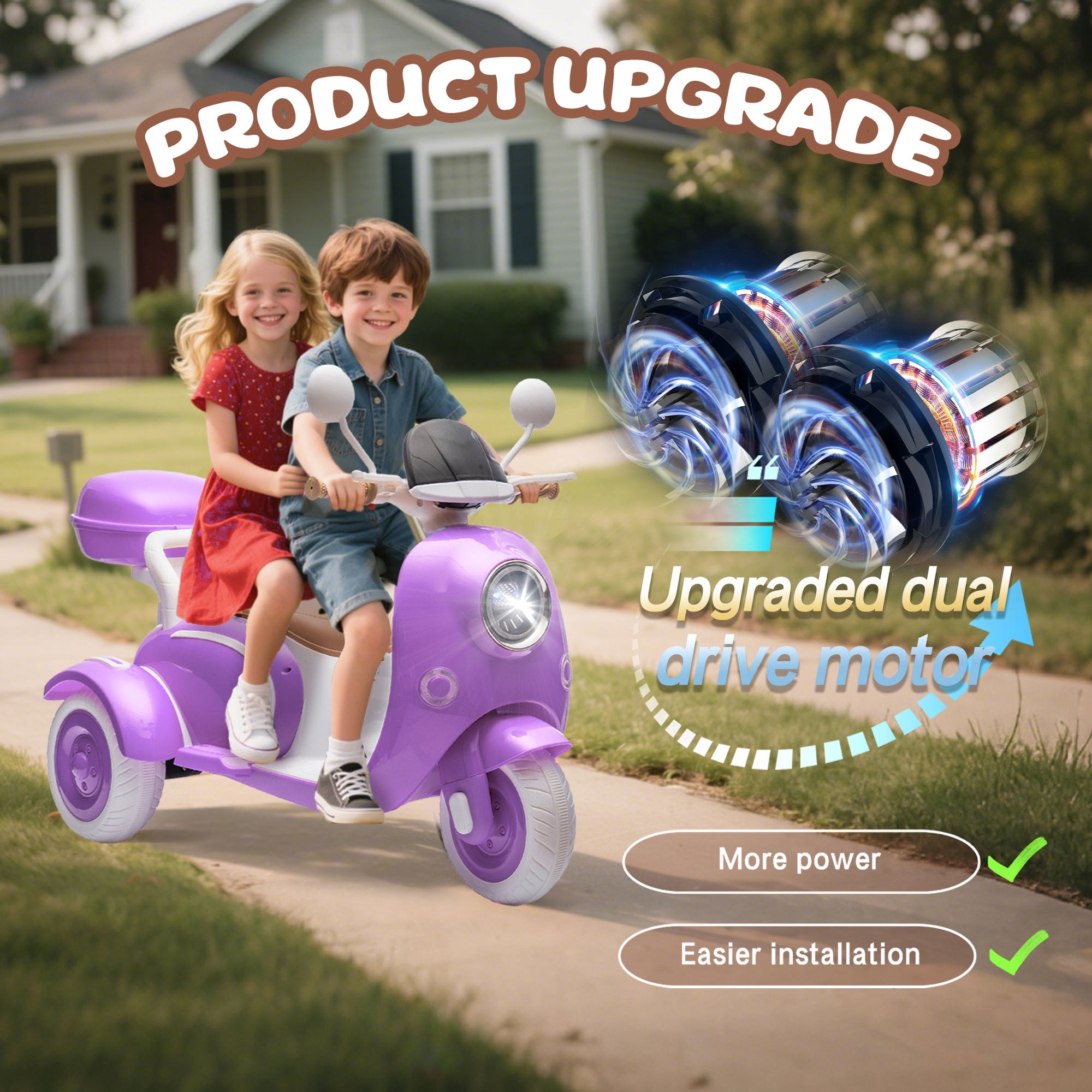 Xuanlur Upgrade 12V 2 Seater Dual Motor Kids Motorcycle, Girls Ride on Toys with Storage Compartments, Slow Start, USB, Bluetooth, Motorcycle for Kids Aged 3+(Purple)