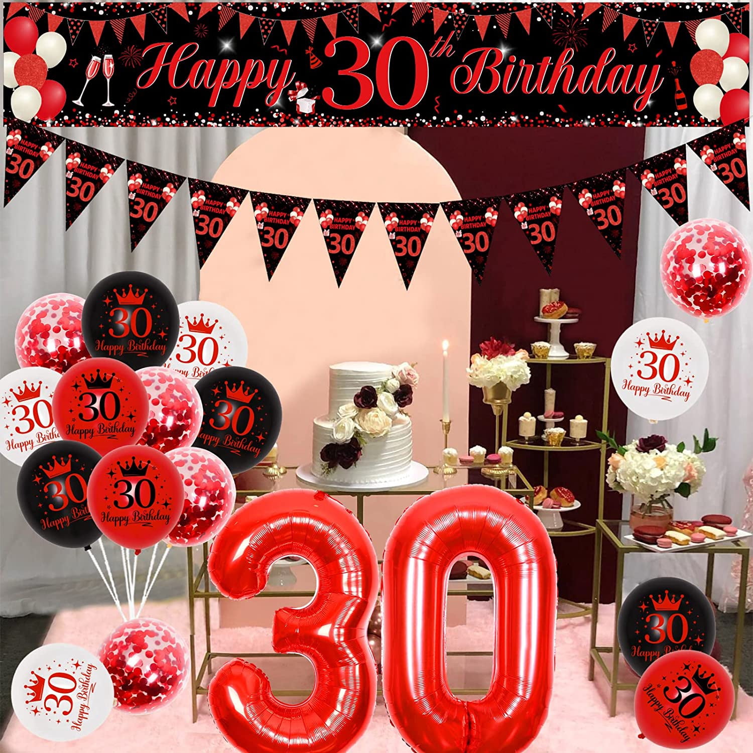 30th Birthday Decorations Red and Black for Men Women, 30 Birthday Party Supplies with Happy 30th Birthday Yard Banner 9.8 x 1.6ft Confetti Foil Balloons Triangle Flag for 30th Birthday Party Decor