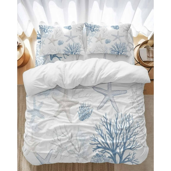 Summer Coastal Bedding Duvet Cover Set Queen Size 4 Pieces Coral Starfish Nautical Beach Bedding Set with Zipper Closure, 1 Comforter Cover 90x92 Inches 1 Flat Sheet & 2 Pillow Cases