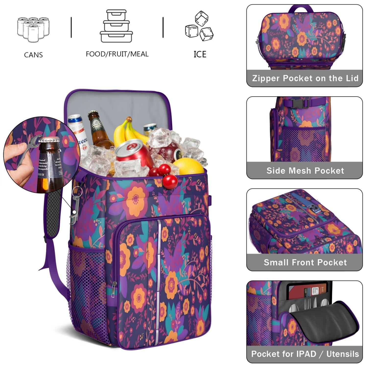 Travel Cooler Bag - Pioneer Flower Floral Print Pattern Camping Beer Cooler Backpack with Bottle Opener- Waterproof Insulated Picnic Backpacks - Cooler Bag for Beach