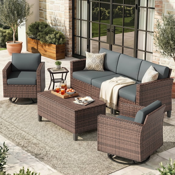 UDPATIO Patio Furniture Set, 7 Pieces Outdoor Furniture Sets with Rocking Swivel Chairs, Wicker Rattan Outdoor Conversation Set with Storage Table and Waterproof Covers for Backyard, Deck, Porch