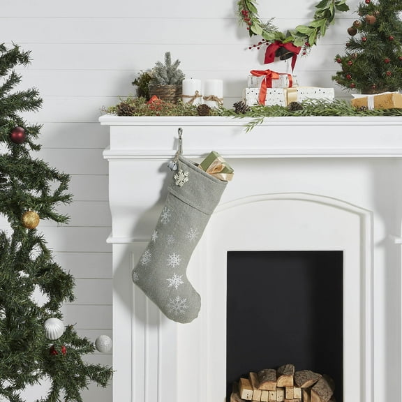 VHC Brands Yuletide Burlap Dove Grey Snowflake Stocking 12x20