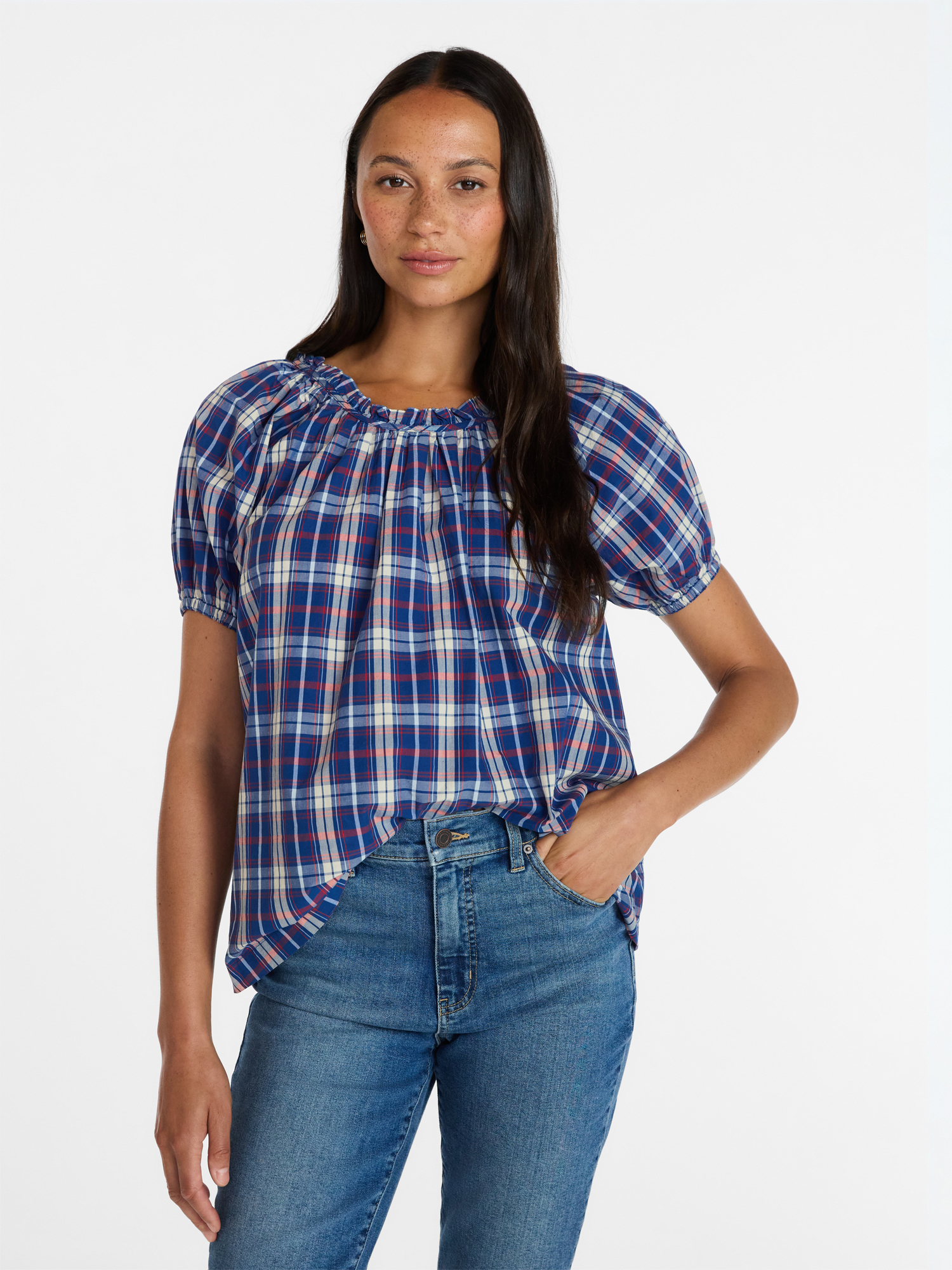 Time and Tru Women's Ruffle Neck Cotton Top with Short Puff Sleeves, Sizes XS-XXXL