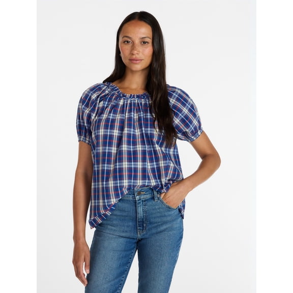 Time and Tru Women's Ruffle Neck Cotton Top with Short Puff Sleeves, Sizes XS-XXXL