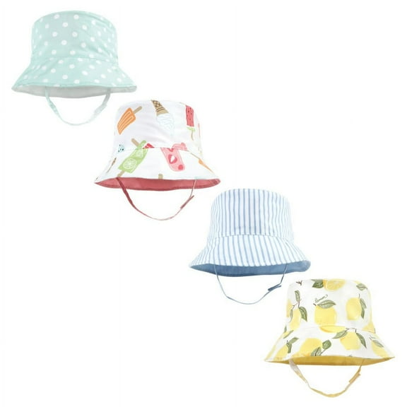 Hudson Baby Infant Girl 4Pc Sun Protection Hat, Ice Cream Dot Lemon Stripe, 0-12 Months