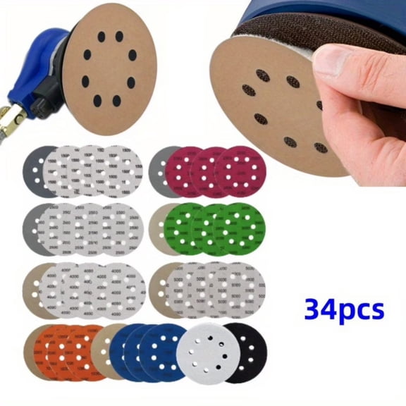32pcs 5 inch 8 Hole Sanding Discs Hook and Loop 1500-10000 Grits Wet Dry Sandpaper with 2pcs Interface Pad for Random Orbital Sander Automotive Wood Metal Polishing