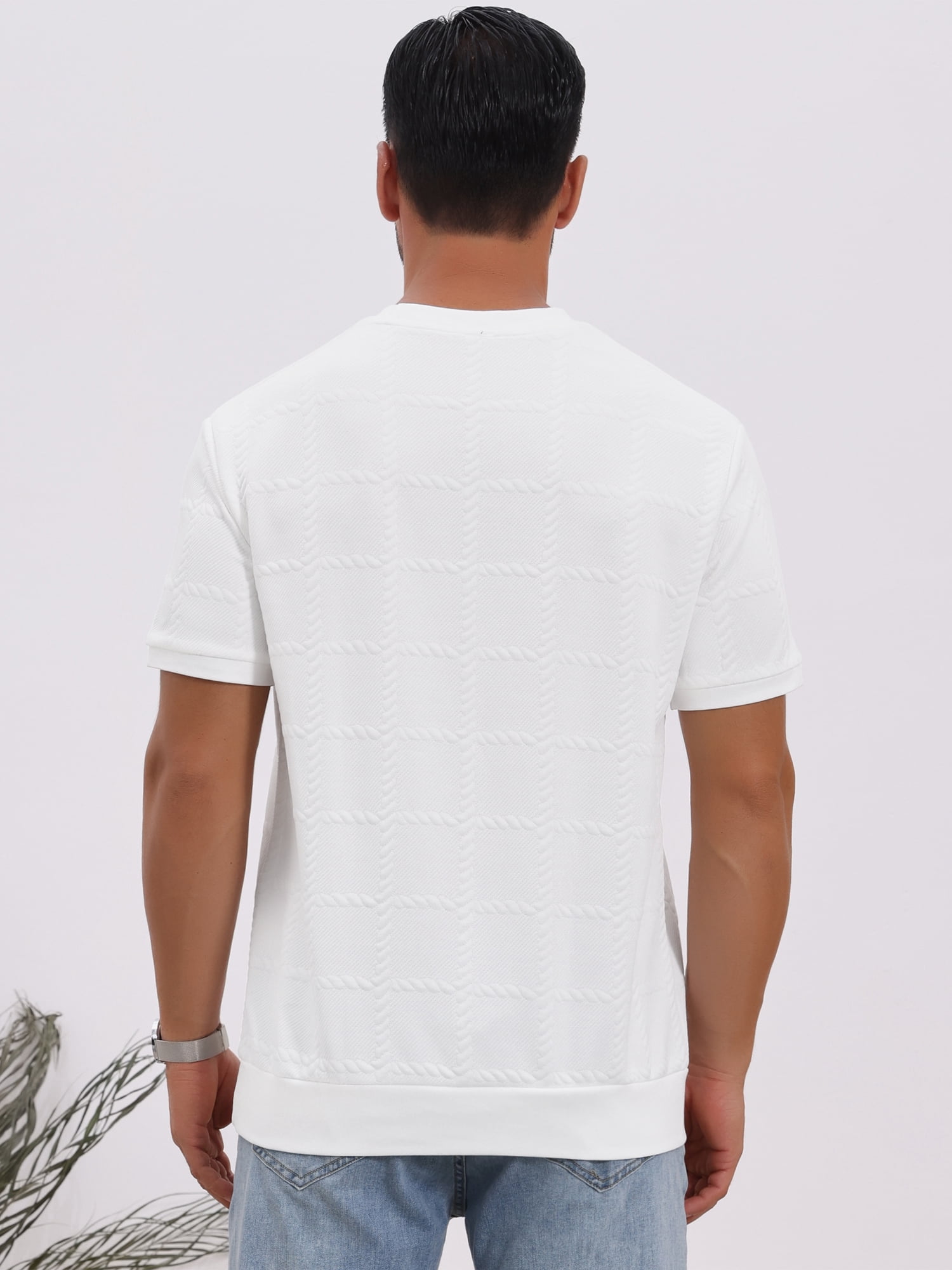 DARING DIVA Men's Jacquard Texture Crew Neck Short Sleeve Knitted T-Shirt S White