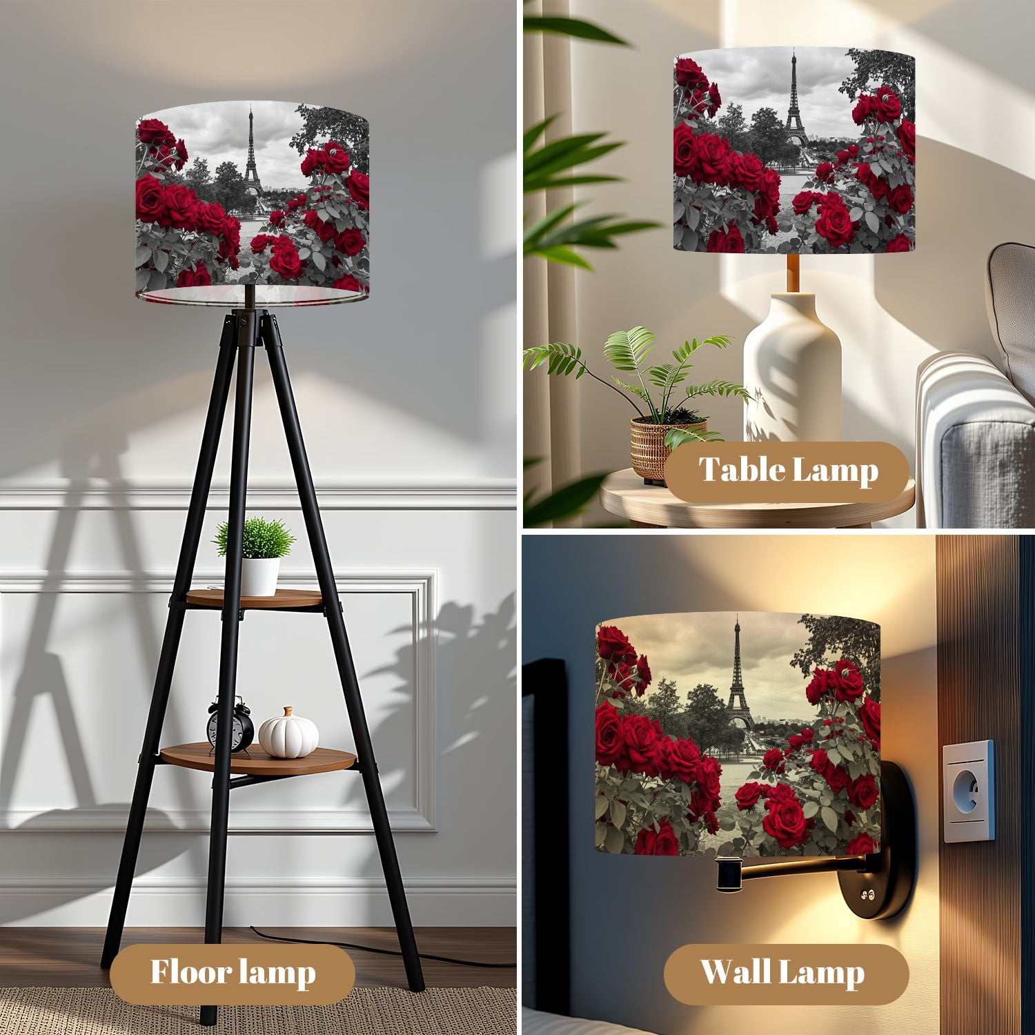 Linen Drum Lamp Shades Eiffel Tower Red Roses Foreground 13" x 13" x 10" Lampshade for Table Lamps Floor Lamps Lamp Shade Replacement Easy Assembly Required