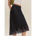 thumbnail image 4 of Black Silk Satin Midi Skirt With Lace Hem Elastic Waist A-Line Flowy, 4 of 7