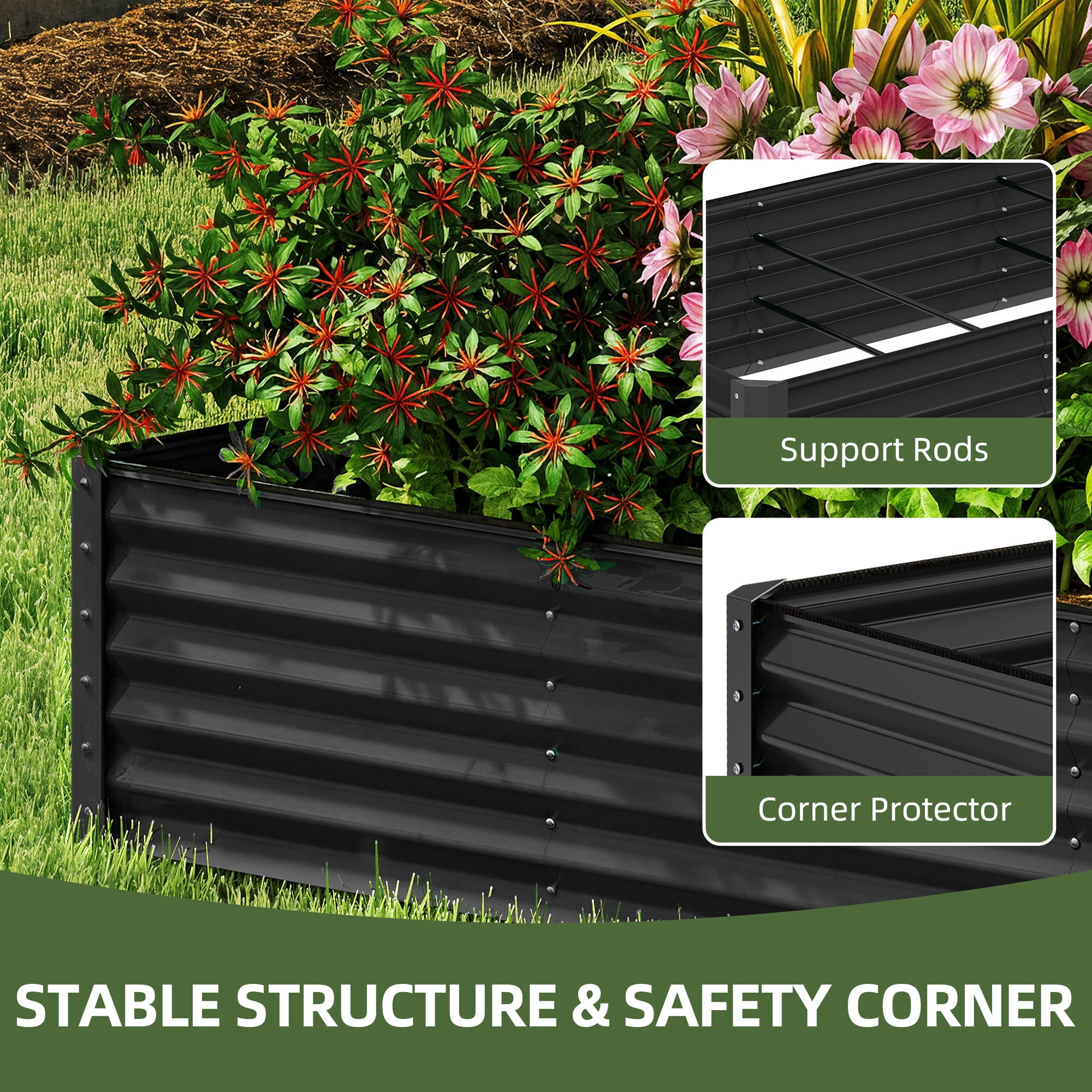 Uforic 8x4x1.5ft Galvanized Metal Raised Garden Bed, Outdoor Planter Box with Safety Rubber & Gloves for Vegetables Flowers, Black