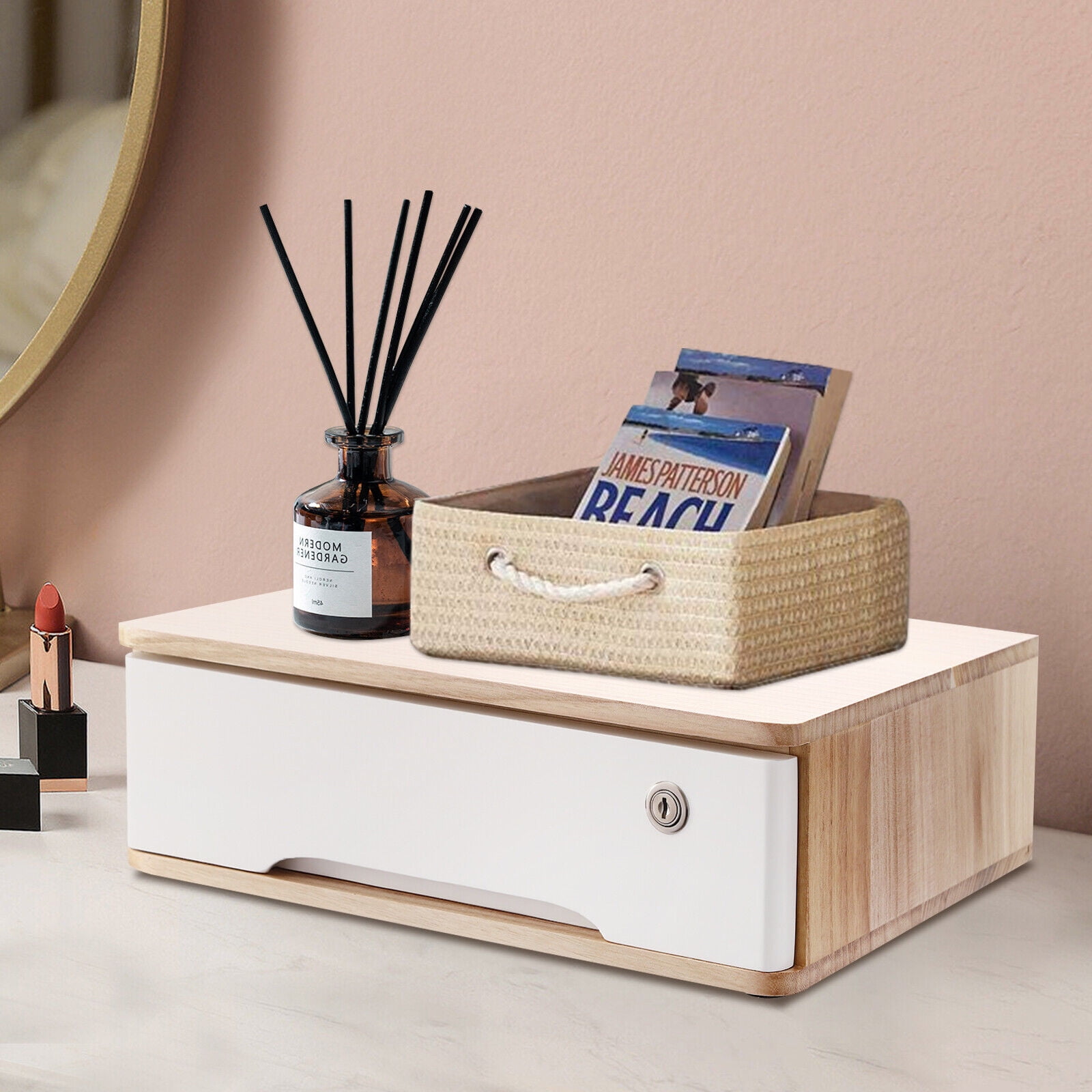 Home Wooden Desktop Storage Box with Lockable Drawer Office Supplies Drawer Organizer