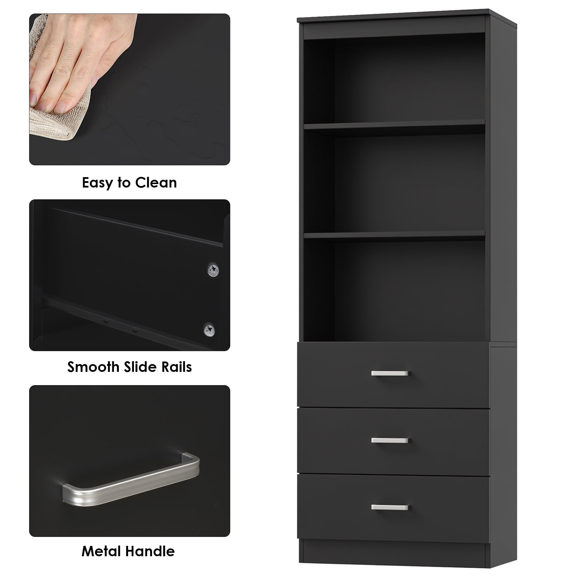 Homfa 71" Tall Bookcases with 3 Large Drawers & 3 Shelves, Wooden Bookshelf for Living Room Office, Black
