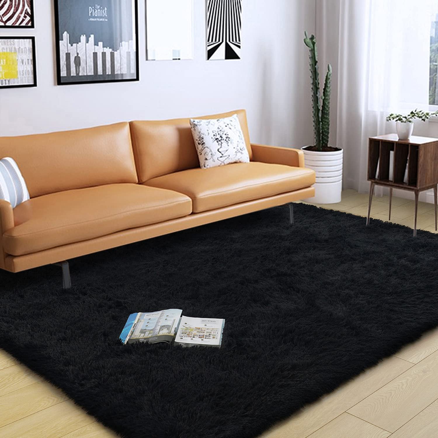 Noahas Fluffy Shaggy Rugs, 3x5 Feet Black Plush Rugs for Girls Bedroom, Soft Kids Room Carpets, Small Bedside Rug, Upgrade Non-Slip Rugs for Children Nursery Dorm Home Decor, Black