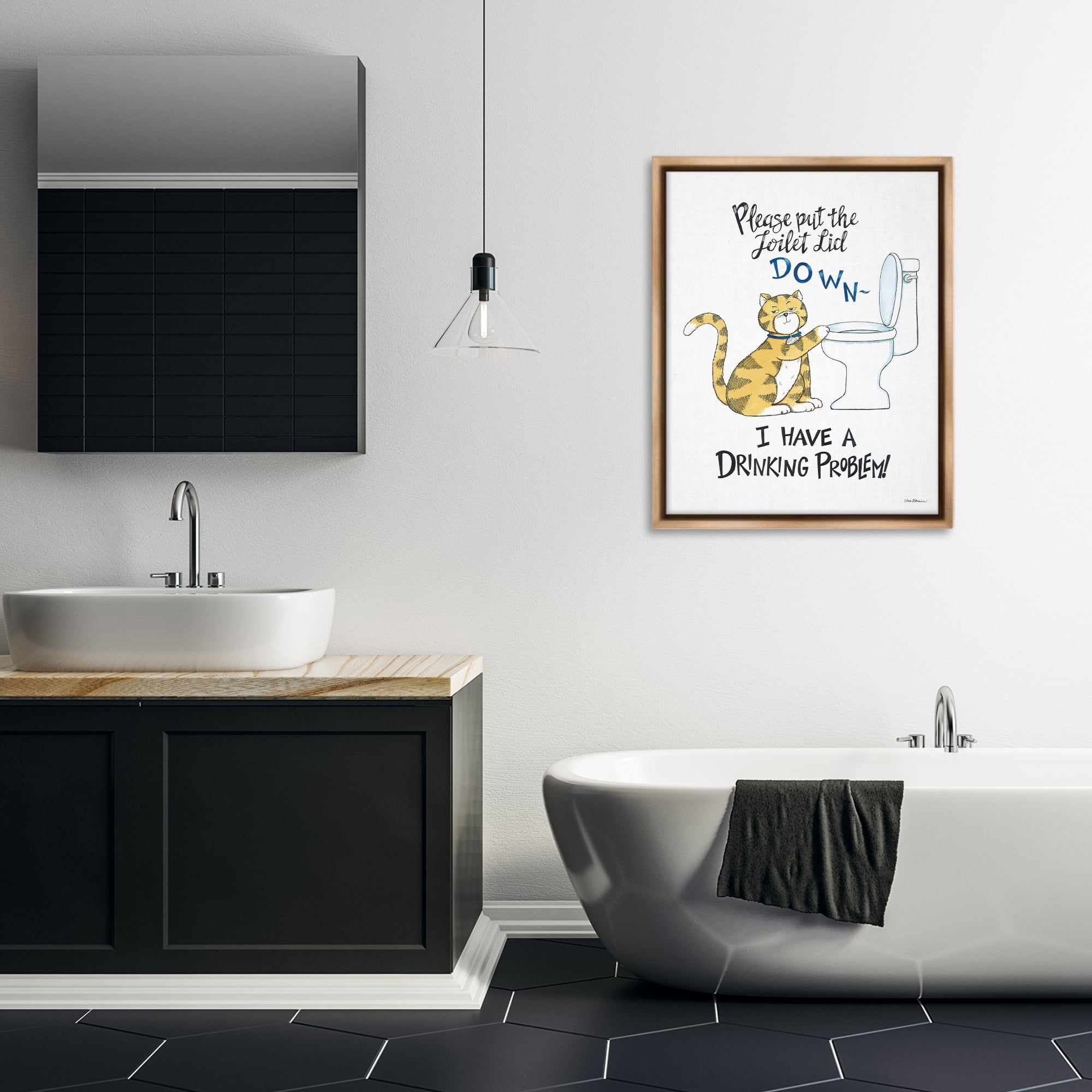 Stupell Industries Funny Cat & Toilet Animals Painting Brown Floater Framed Canvas Art Print Wall Art, 25 x 31