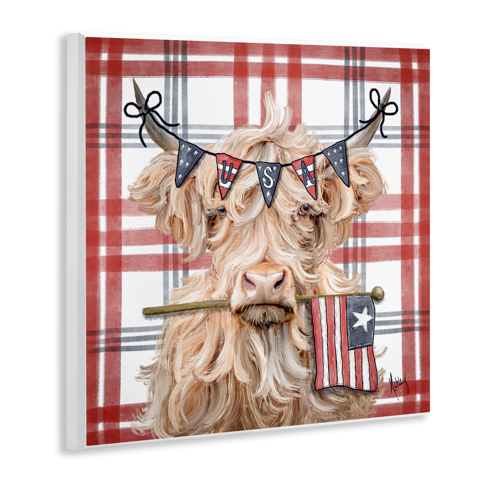 USA Plaid Highland Cattle Wall Plaque Art, design by Ashley Bradley