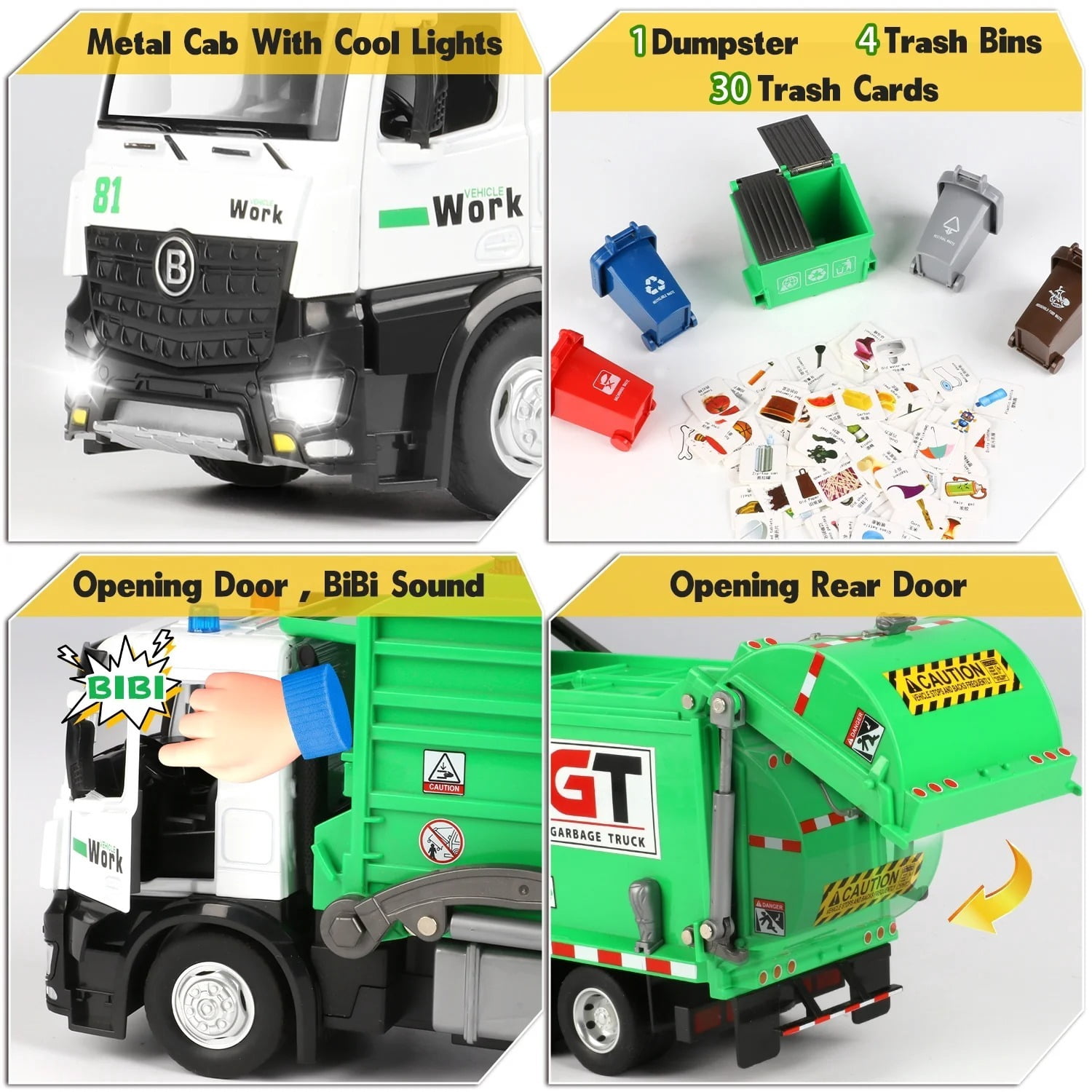 Freecat Garbage Truck Toys for Kids Boys, Play Vehicle Trash Truck Toys with Dumpster and Trash Bins, Christmas Birthday Gift for Boys 3 4 5 6 8 Years Old.