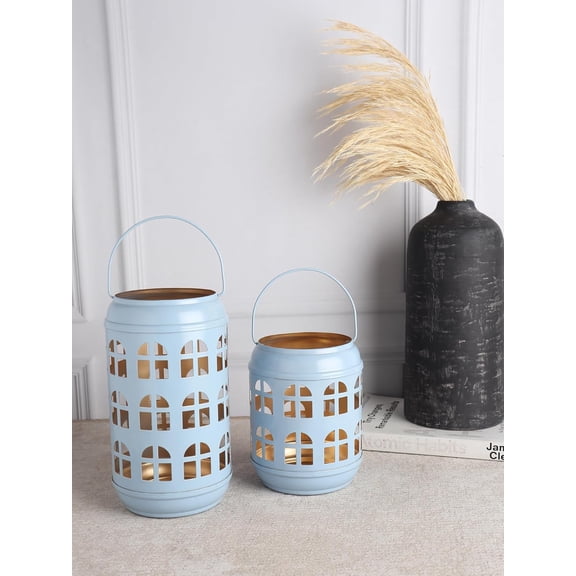 DWELLING Tealight Candle Holder Metal Pillar Candles Holders Christmas Decoration Centerpiece Hanging Vintage Home Design Modern Hanging Round Candle Stand Handmade Handycraft Set of 2 - Blue