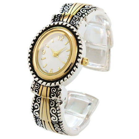 - 2Tone Metal Western Style Decorated Oval Face Women's Bangle Cuff Watch