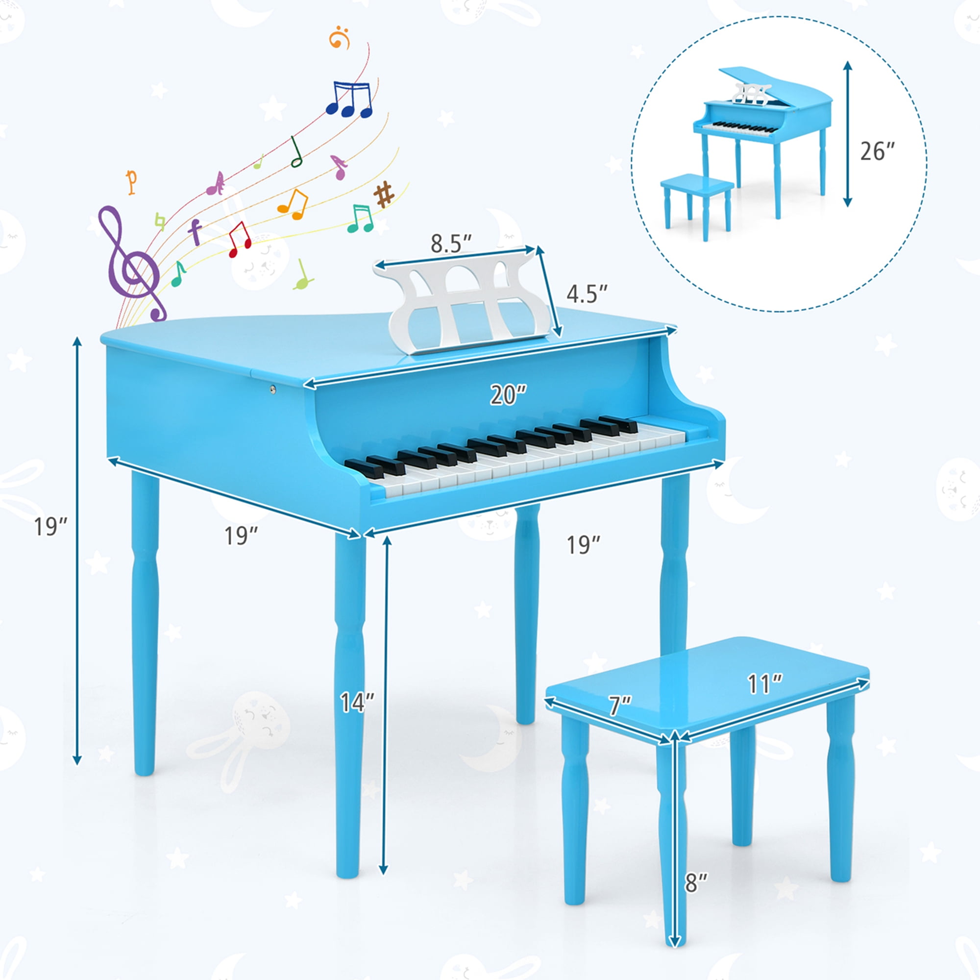 Costway piano numérique 30 touches pour enfants avec tabouret & pupitre,  clavier electronique en bois de bouleau avec couvercle rabattable,  instrument de musique pour enfants de 3-8 ans (blanc)… - Conforama