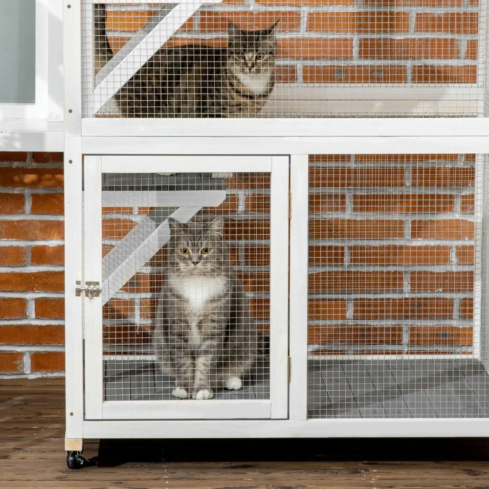Topcobe 74" Wooden Catio Outdoor Cat House Weatherproof & Wheeled, Outside Cat Enclosure with High Weight Capacity, Kitten Cage Condo, Outside Pet Shelter, Small Animal Habitat, Dark Gray