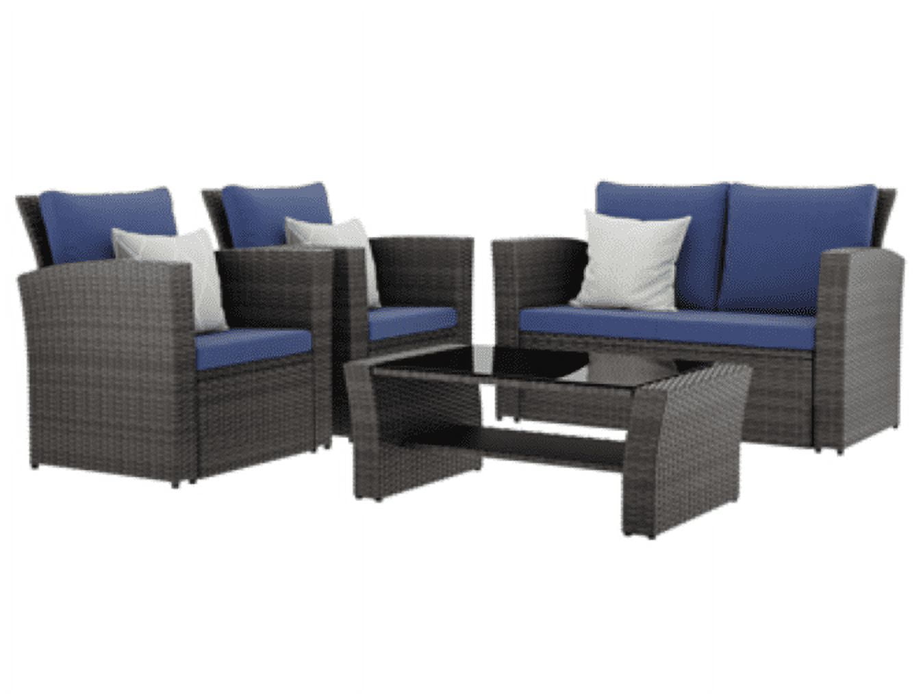 CozyHom 4 Pcs Outdoor Patio Furniture Sets Wicker Sofa Sets, Rattan Conversation Sofa Sets With Cushion For Backyard Lawn Garden And Porch Deck, Blue