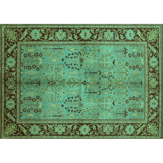 Ahgly Company Machine Washable Indoor Rectangle Oriental Turquoise Blue Industrial Area Rugs, 4' x 6'