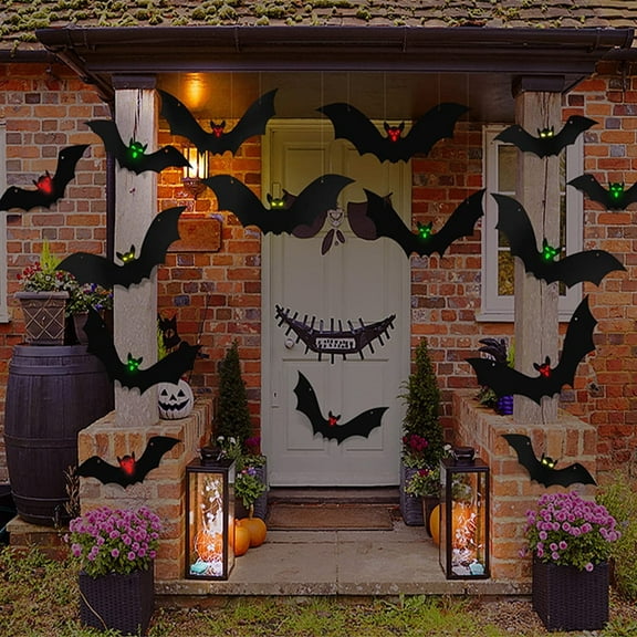 12pcs Hanging Bats & Spiders Halloween Decorations Outdoor, 3D Realistic Scary Flying Bats with Glow-in-the-Dark Eyes for Front Door, Yard, Tree