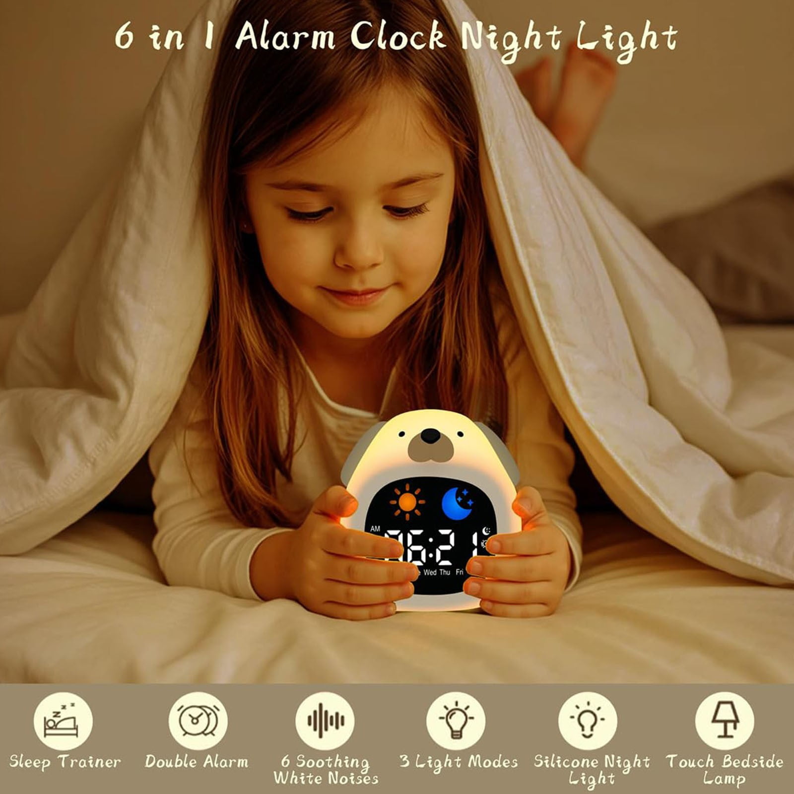 ZMKIAG Kids Alarm Clock with Color Change Night Light, Bedside Sleep Trainer Clocks with White Noise Rechargeable Cute Animal Shaped Digital Clocks for Boy & Girl