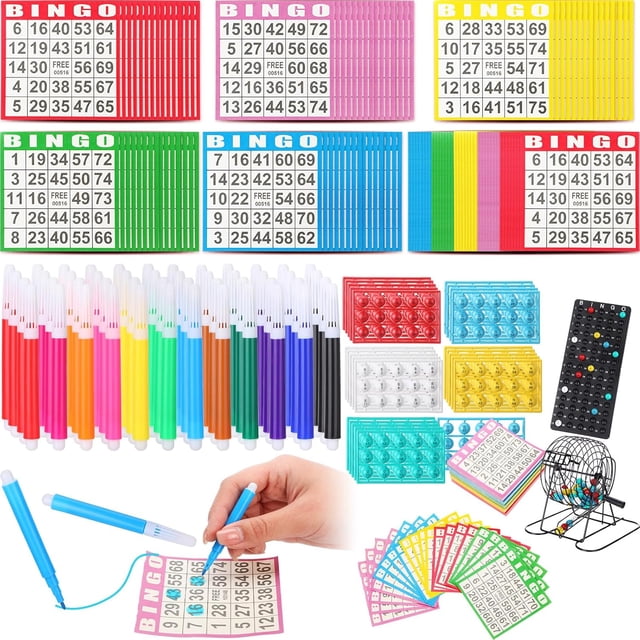 Ensemble de Jeu de Bingo 625 Pcs Incluant Plateau de Rangement à Cage Roulante 75 Balles de Bingo 500 Cartes de Bingo et Marqueurs Colorés pour Grands Groupes, Fêtes, Activité de Rassemblement Familial, Soirée de Jeux